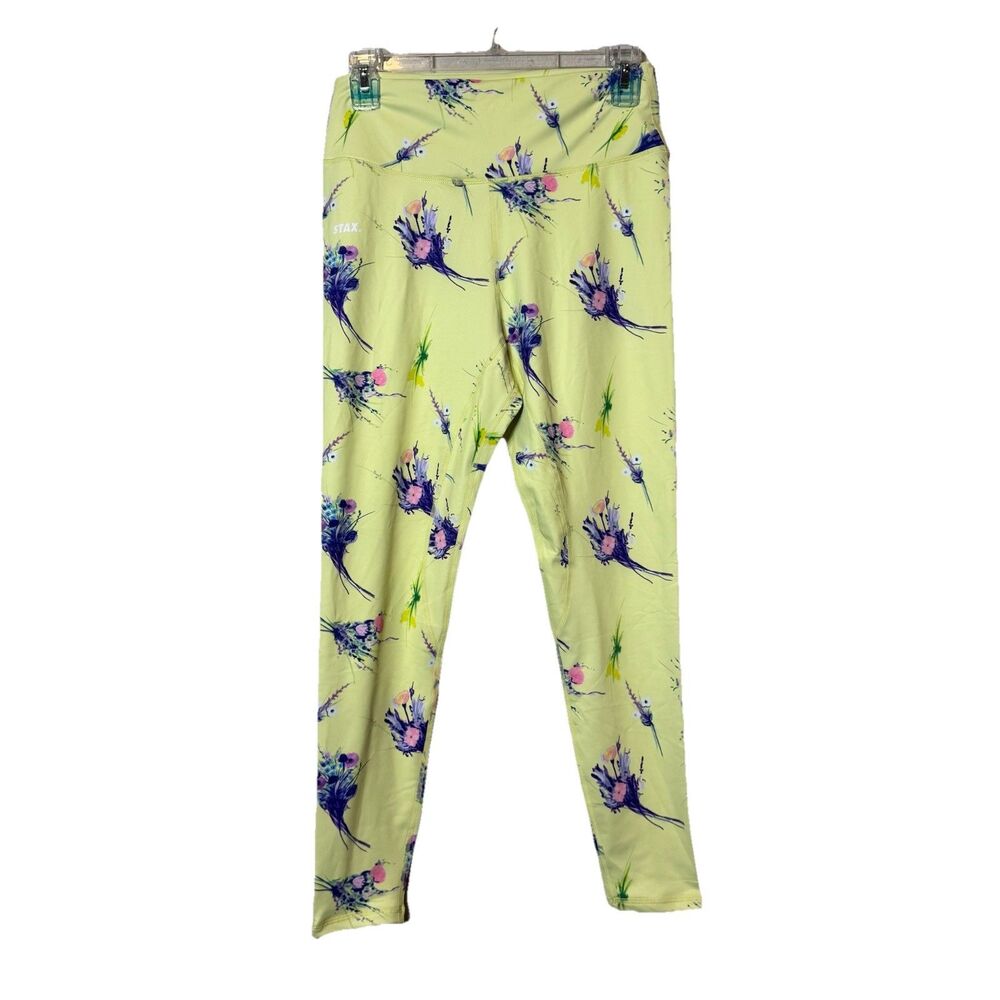 STAX. activewear leggings yellow blue abstract Birds Waistband Pocket Women’s XL